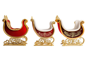Three sleighs are shown, each with a different color and design. on transparent background.