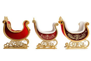 Three sleighs are shown, each with a different color and design. on transparent background.
