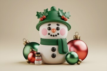 A cheerful snowman in a green hat, adorned with holly, surrounded by Christmas ornaments.