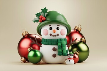 A cute snowman in a green hat surrounded by red and green Christmas ornaments.