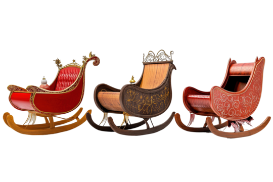 Three sleighs are shown, each with a different color and design. on transparent background.