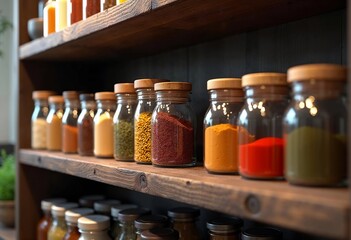 Vibrant Spice Collection in Elegantly Arranged Glass Jars on Rustic Wooden Shelves. Generative AI