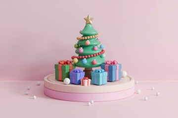 A pastel-colored Christmas tree with colorful presents sits on a pink platform, surrounded by small white spheres.