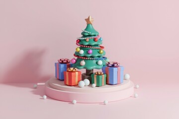A cute 3D rendered Christmas tree adorned with colorful ornaments and surrounded by presents on a pink platform.
