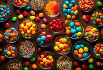 vibrant close colorful candies various bowls showcasing feast eyes wide spectrum bright colors delightful shapes, candy, sweet, design, texture, pattern