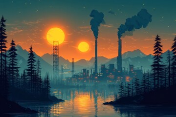 Naklejka premium A factory releasing smoke from pipes, industrial waste entering water bodies. Generative AI
