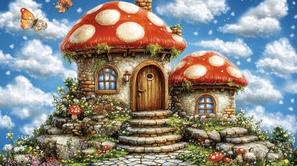 Obraz premium Enchanting Mushroom House in a Whimsical Cloud-Filled Sky
