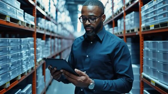 A logistics manager checking shipment schedules on a digital tablet in a container-filled warehouse.