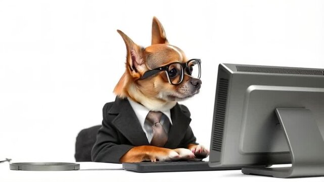 A Chihuahua dog in a suit and glasses is using a laptop and isolated on white background