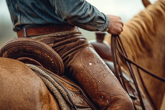 Cowboy riding horse wearing chaps and leather saddle in the rain