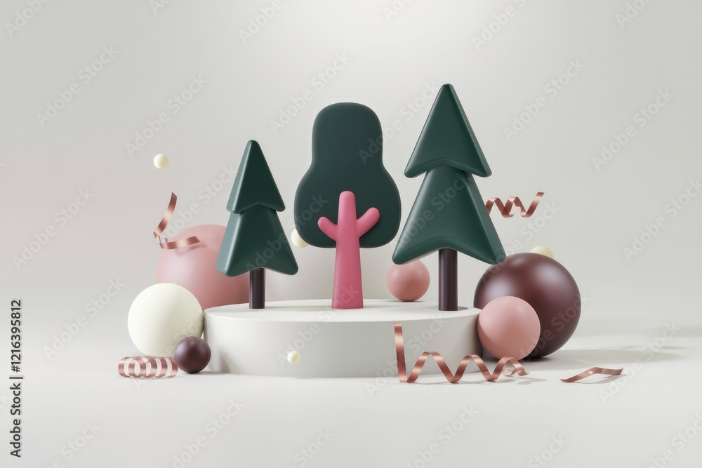 Poster stylized 3d rendering of trees and spheres on a white platform, festive and minimal.