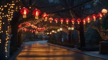 A path illuminated by festive red and white lanterns and sparkling string lights at night