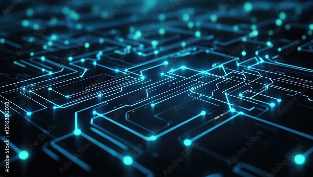 Poster exploring futuristic circuit boards: digital networks and pathways illuminate technological advancem