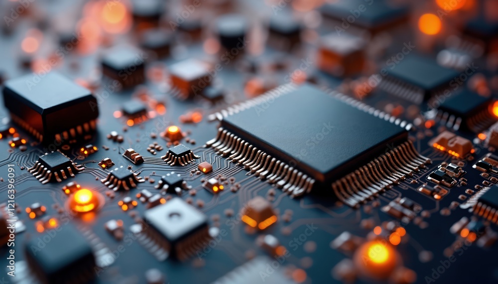 Poster Close-up view of intricate microchips, wireless circuit elements. Modern tech circuit board with glowing components. Advanced electronics design. Complex network connections visible. High tech