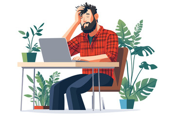 Frustrated individual working on a laptop surrounded by plants and green leaves