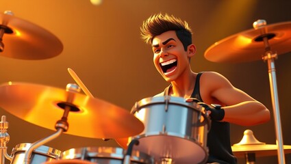  A Vibrant Energetic 3D Animation of a Man Playing Drums in a Recording Studio