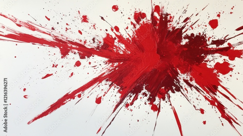 Poster a burst of red paint exploding outward on a clean white surface, capturing motion and intensity in d