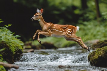 White-tailed deer fawn leaping across a stream in the forest
