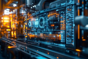 Futuristic interface displaying data in industrial setting