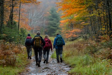 Hikers walking on trail in autumn forest