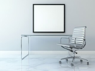 Modern Minimalist Office Interior Design: Sleek Glass Desk, Silver Chair, and Blank Frame