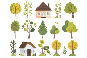 Cute Cartoon Trees and Houses Illustration Set