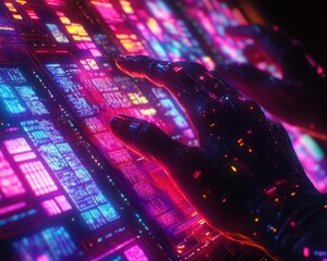 Human and AI Hands Collaboratively Designing a Glowing Neural Interface Advanced Technology, Innovative Touch Interaction, Future of Collaboration, Seamless Design, Advanced Digital Design