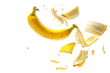 A banana peel is falling from a banana. ,on transparent background.