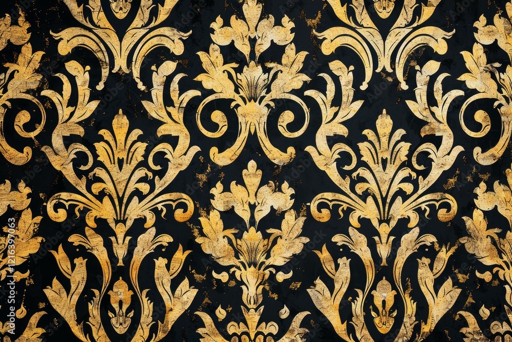 Poster seamless gold damask pattern on black background creating a luxurious and elegant design