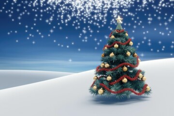 A decorated Christmas tree stands in a snowy landscape under a starry night sky.