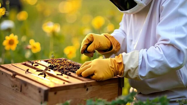 Male apiarist wearing protective uniform and hat working in the bee farm. Man checking the honey harvest at his apiary