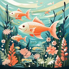 Obraz premium Aquatic Life Depicted in a Flat Illustration of an Underwater Ocean