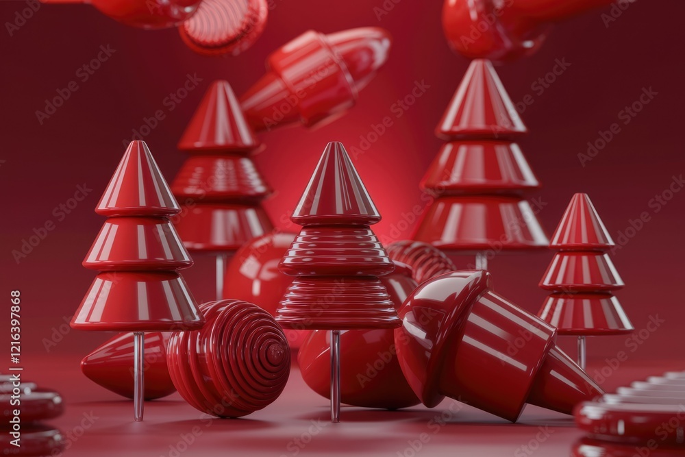 Poster abstract 3d render of glossy red christmas trees and ornaments on a red background.