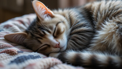 Peaceful Kitten Slumber: A Ginger and White Cat Naps on Soft Blanket