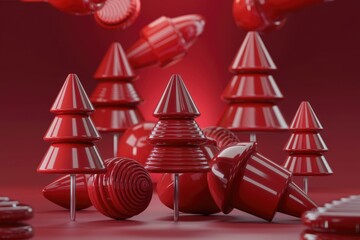 Abstract 3D render of glossy red Christmas trees and ornaments on a red background.