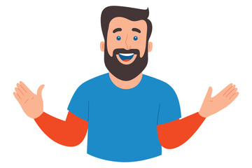 Smiling bearded man in blue shirt with open arms in a cheerful illustration.