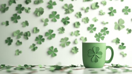 Saint Patrick's Day party decoration with green theme including mug paper clover leaf and confetti on a white background