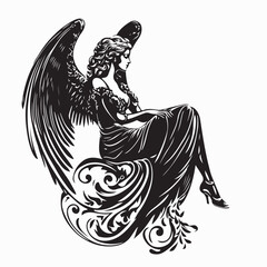 Beautiful Winged Angel Sitting on a Bench in the Garden image vector isolated on white background.