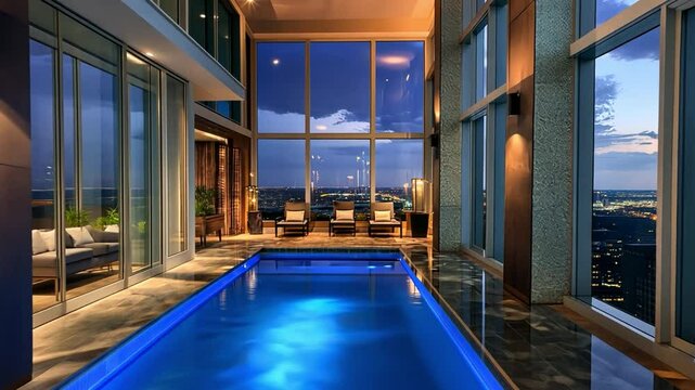 A luxurious high-rise condominium with an infinity pool and stunning city night views.