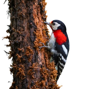 Un picchio rosso maggiore (Dendrocopos major) alla ricerca di insetti sotto la corteccia di un tronco d'albero.