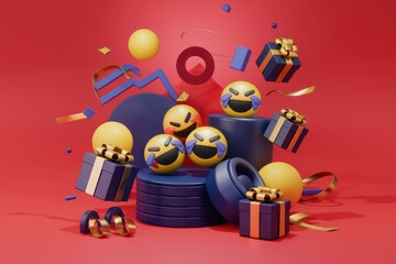 Joyful 3D rendering of laughing emojis amidst presents and festive elements.