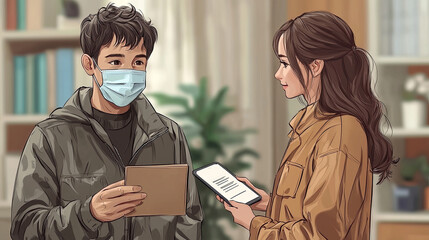 Delivery worker wearing mask exchanging parcel with customer indoors