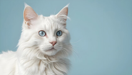 Fototapeta premium Adorable White Cat with Long Fur and Light Pink Ears on a Solid Light Blue Background