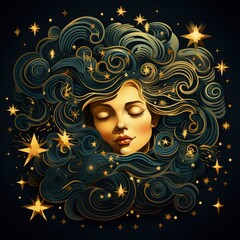 Sleeping with Stars and Planets in Her Eyes, a Dreamy Cosmic Illustration