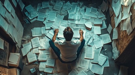 Individual immersed in study amid scattered papers, symbolizing academic pursuit.