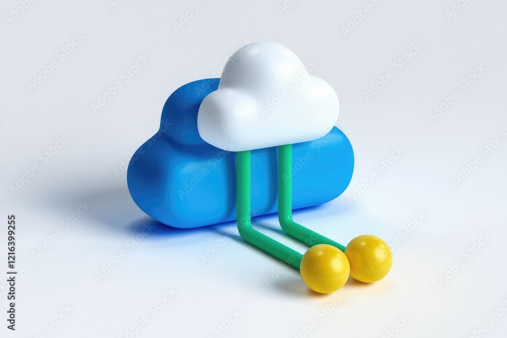 Poster a 3d rendering of a stylized cloud with two green tubes extending downwards, ending in yellow sphere