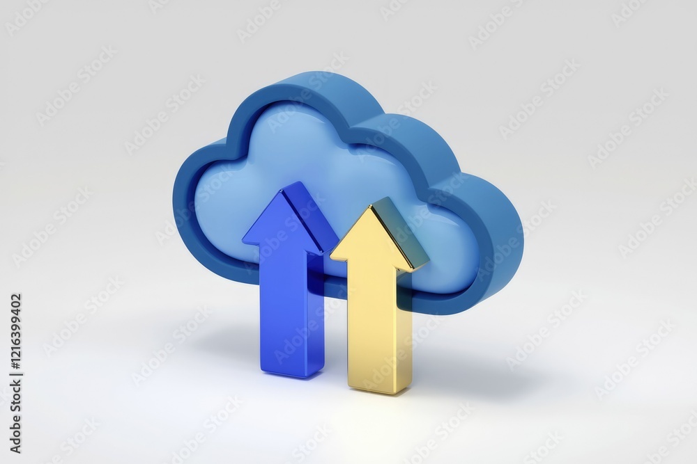 Poster 3D rendering of cloud computing with upward arrows, symbolizing data uploading and cloud storage.