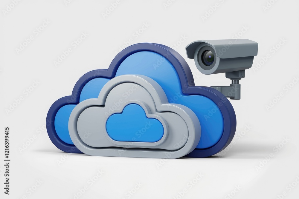 Poster cloud security concept: a security camera monitors data stored in the cloud.