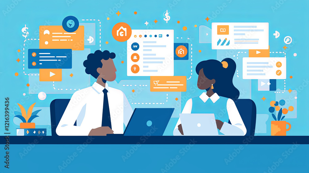Poster collaborative teamwork concept featuring two professionals with laptops in a workspace