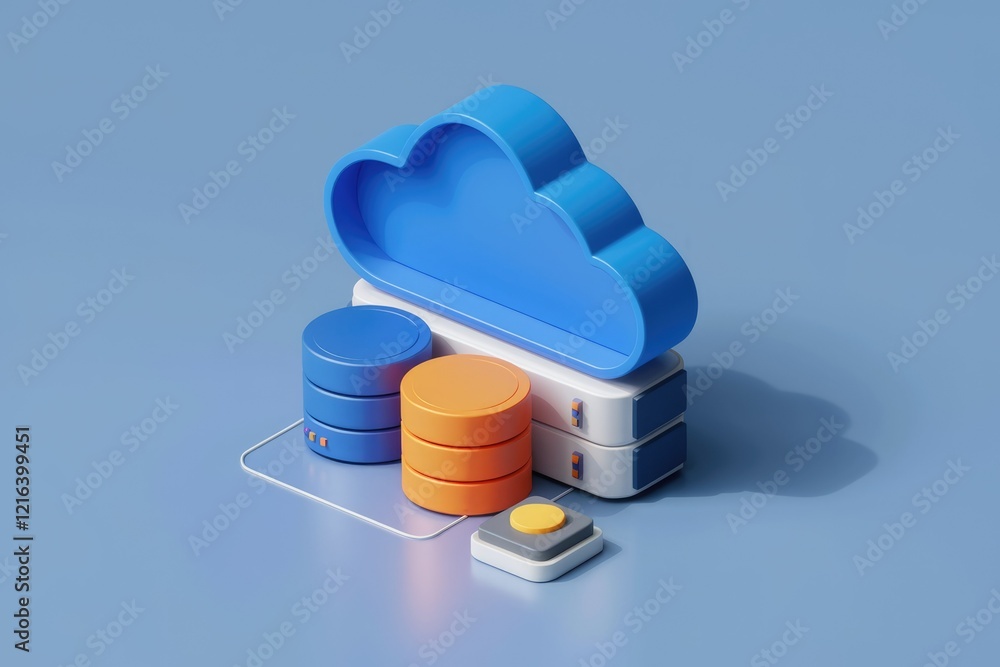Poster 3d render of cloud computing system with databases and server, illustrating data storage and process